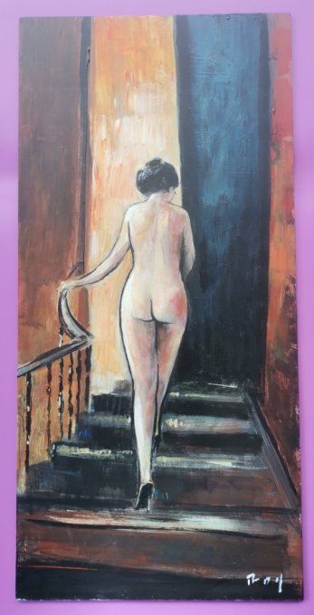TEA40. Joli tableau acrylique sur panneau bois. "femme nue dans l'escalier :signé: ROY