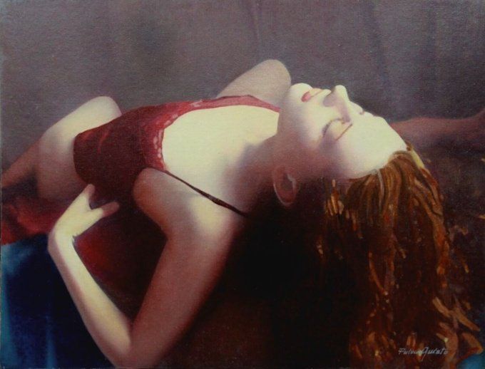 TEA41. Peinture sur toile"Femme rousse en nuisette endormie". 